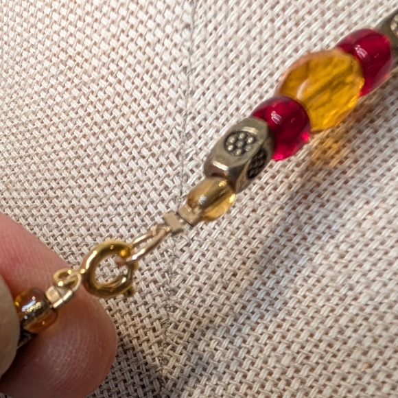 Handmade Red & Gold Glass Bead Necklace | Foil Art Glass Centerpiece | Boho - Picture 3 of 4